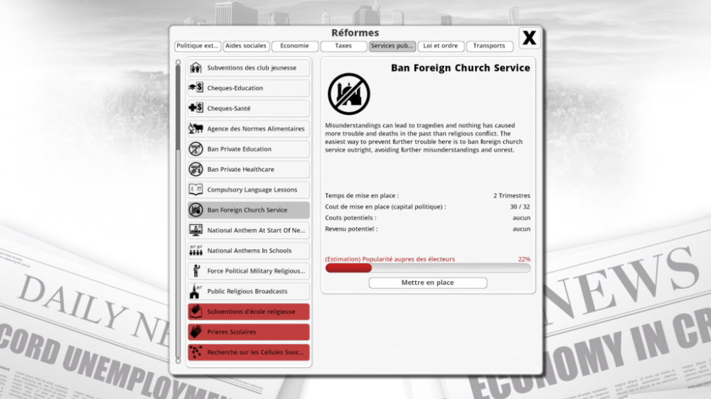 Le genre de réformes qu'apporte le DLC "Extremism". Celles en dessous ne sont pas mal non plus